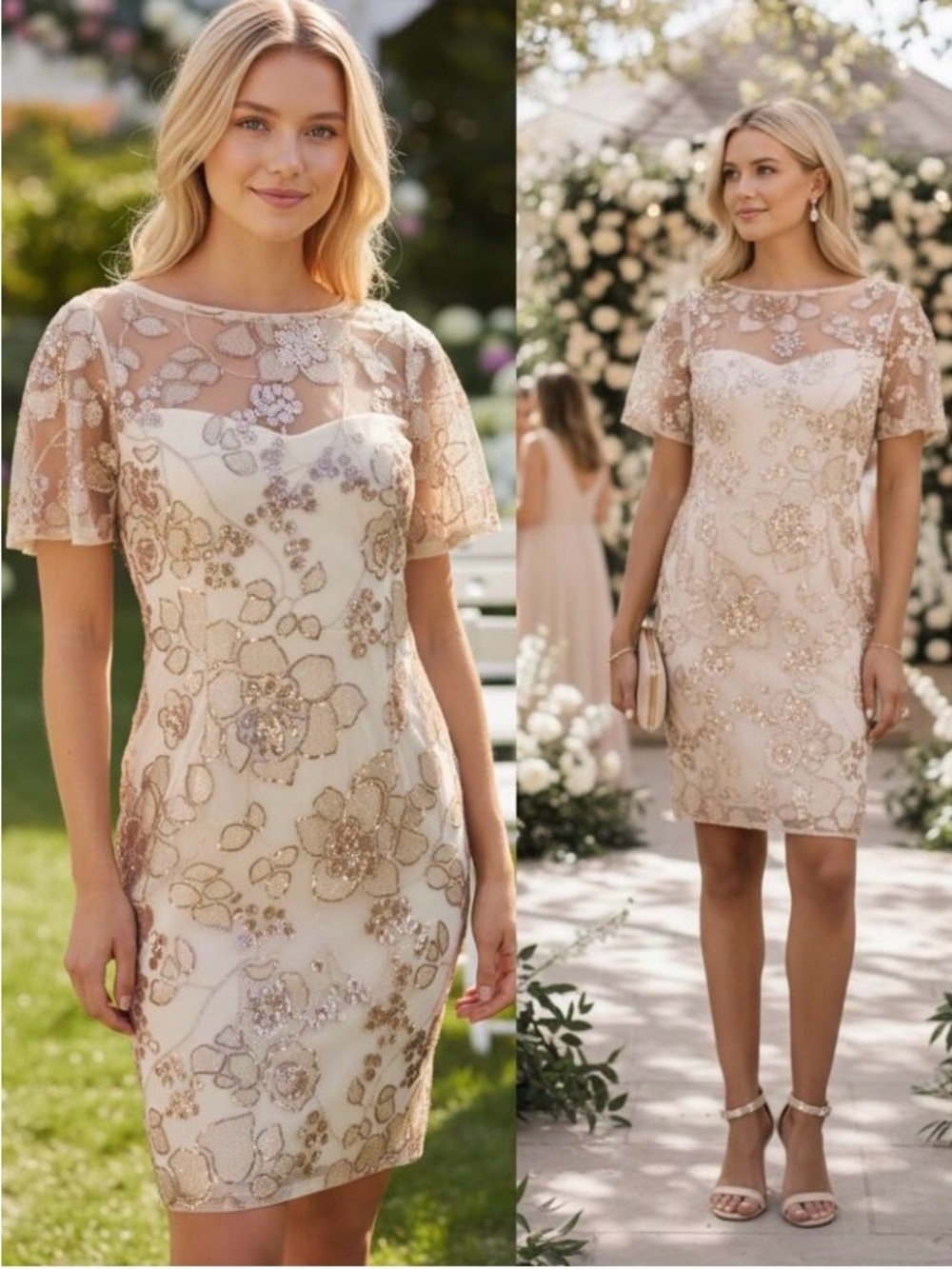 Adrianna Papell Cream & Gold Embroidered Sheath Dress